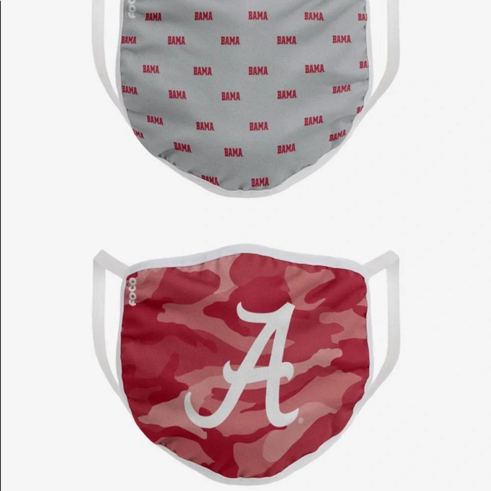 ALABAMA CRIMSON TIDE 2 PIECE FACE MASK COVERINGS RED GRAY ADULT OS NWT